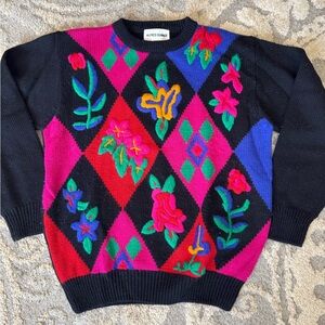 Alfred Dunner Black Sweater with Pink, Red, Blue & Green Floral Argyle
